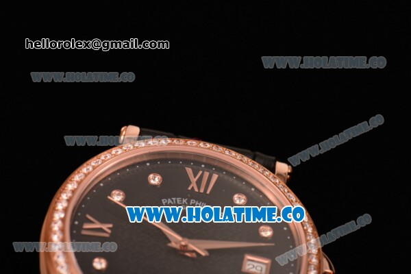 Patek Philippe Calatrava Swiss ETA 2824 Automatic Rose Gold Case with Roman Numeral/Diamonds Markers Diamonds Bezel and Black Dial - Click Image to Close